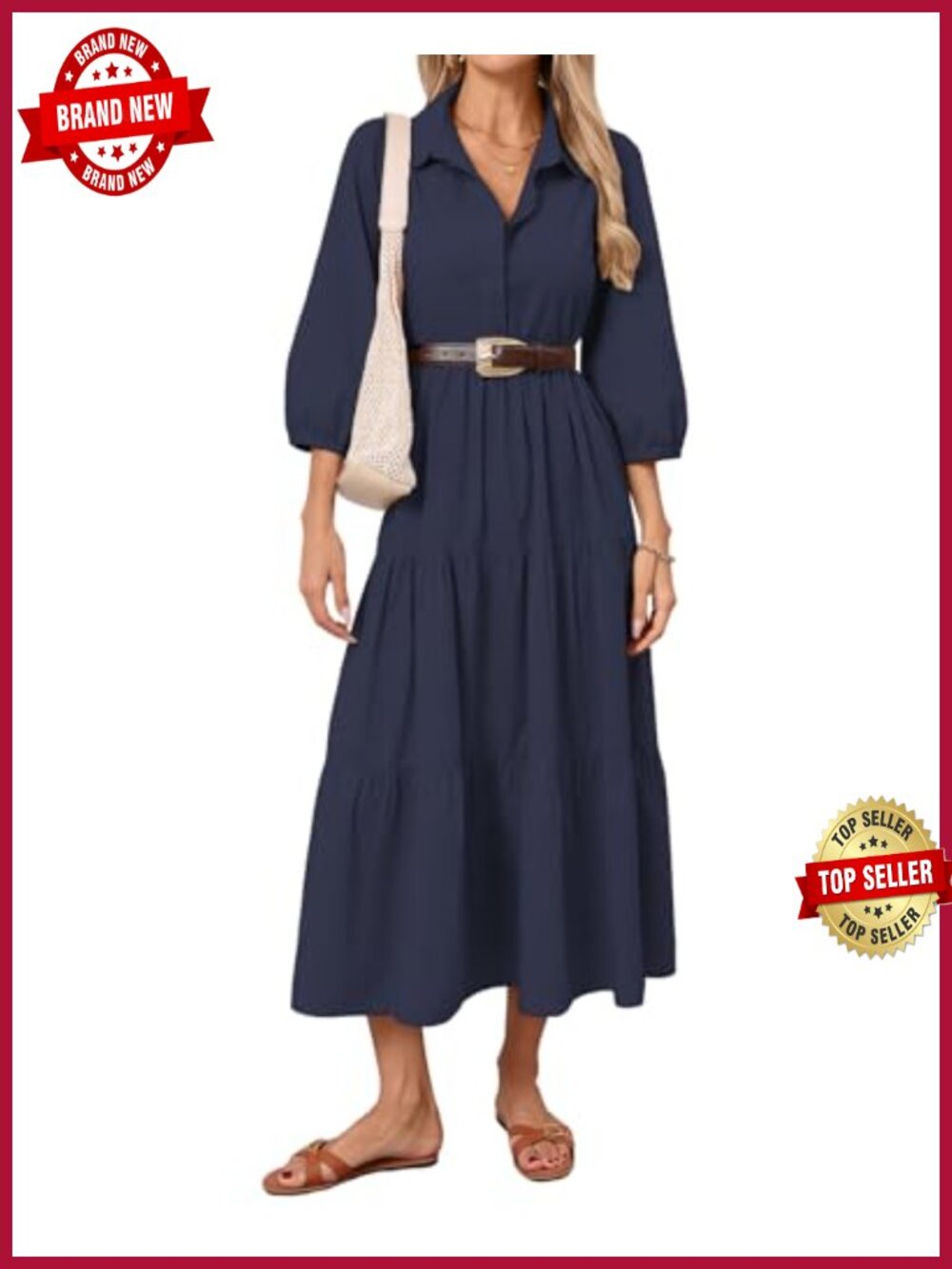 Women's Cotton Button Down Maxi Shirt Dress Long Sleeve Tiered with Pockets